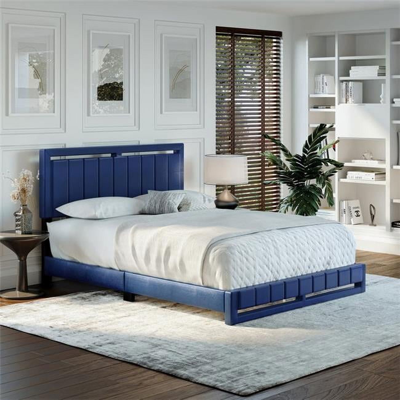 King Blue Faux Leather Upholstered Platform Bed with Tufted Headboard