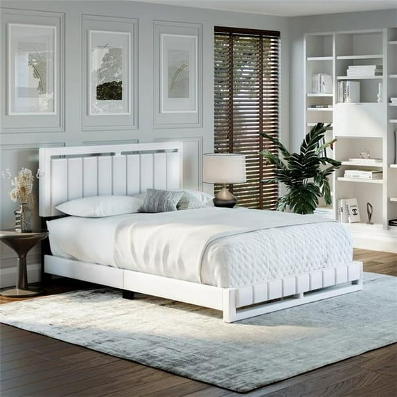 Skyline Decor Upholstered Faux Leather Platform Bed, Queen, White