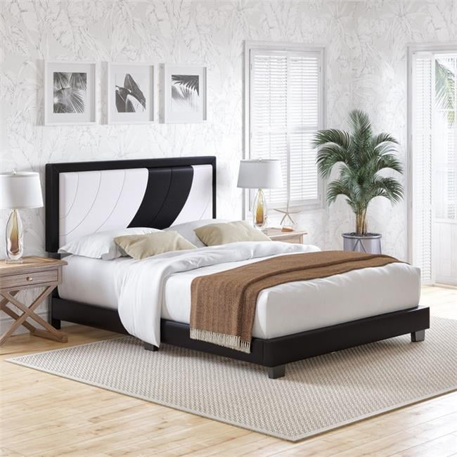 Nautical Wave Queen Platform Bed in White & Black Faux Leather