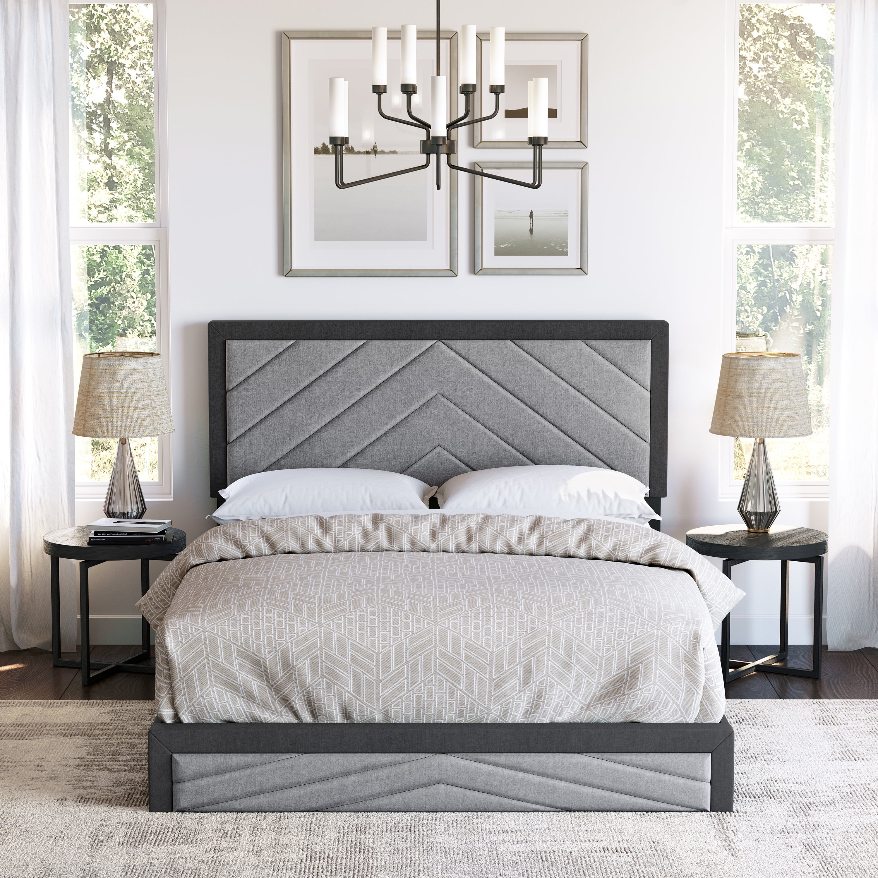 Boyd Sleep Barcelona Black/Gray Linen Full Size Fully Upholstered Platform Bed Frame with Adjustable Headboard