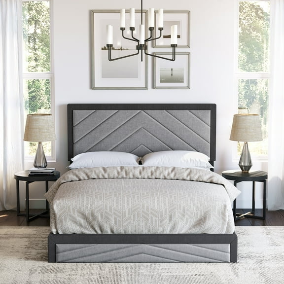 Boyd Sleep Barcelona Black/Gray Linen Queen Size Fully Upholstered Platform Bed Frame with Adjustable Headboard