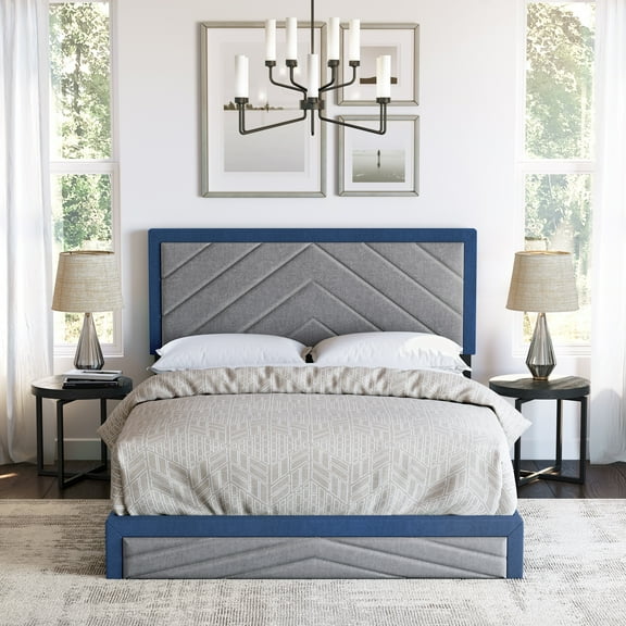 Boyd Sleep Barcelona Blue/Gray Linen Full Size Fully Upholstered Platform Bed Frame with Adjustable Headboard