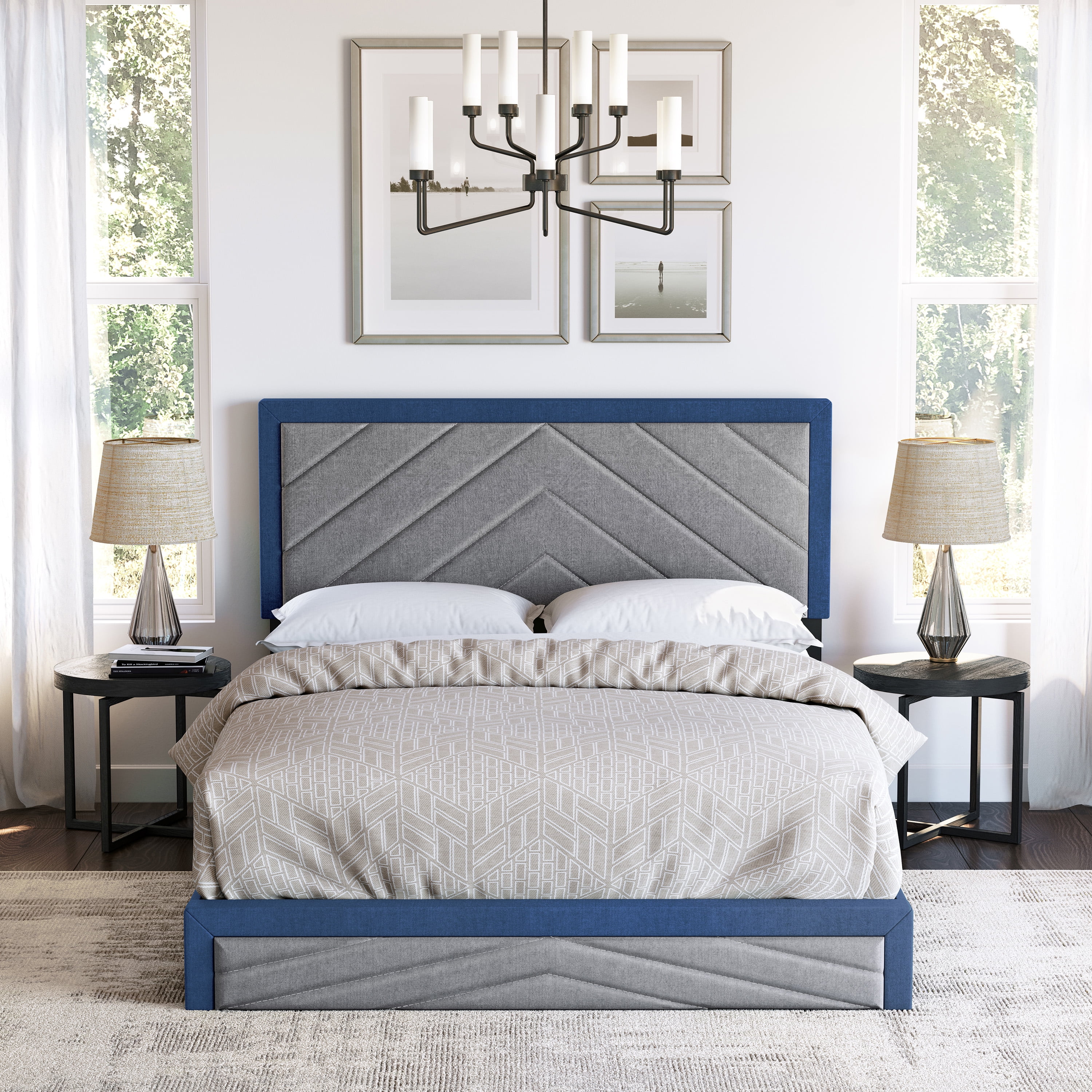 Boyd Sleep Barcelona Blue/Gray Linen King Size Fully Upholstered Platform Bed Frame with Adjustable Headboard