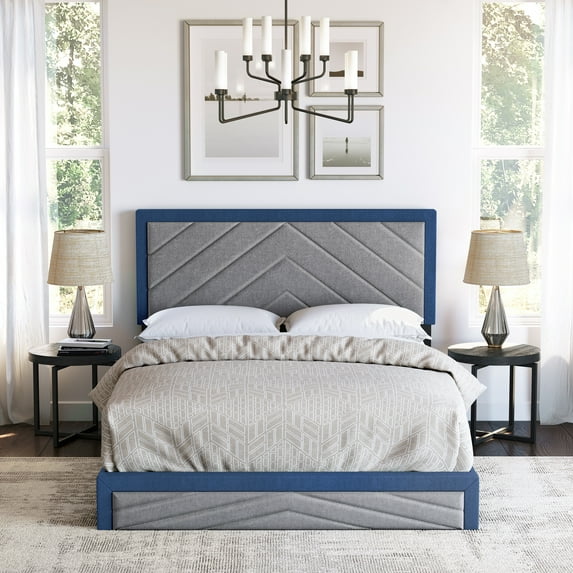 Boyd Sleep Barcelona Blue/Gray Linen Queen Size Fully Upholstered Platform Bed Frame with Adjustable Headboard