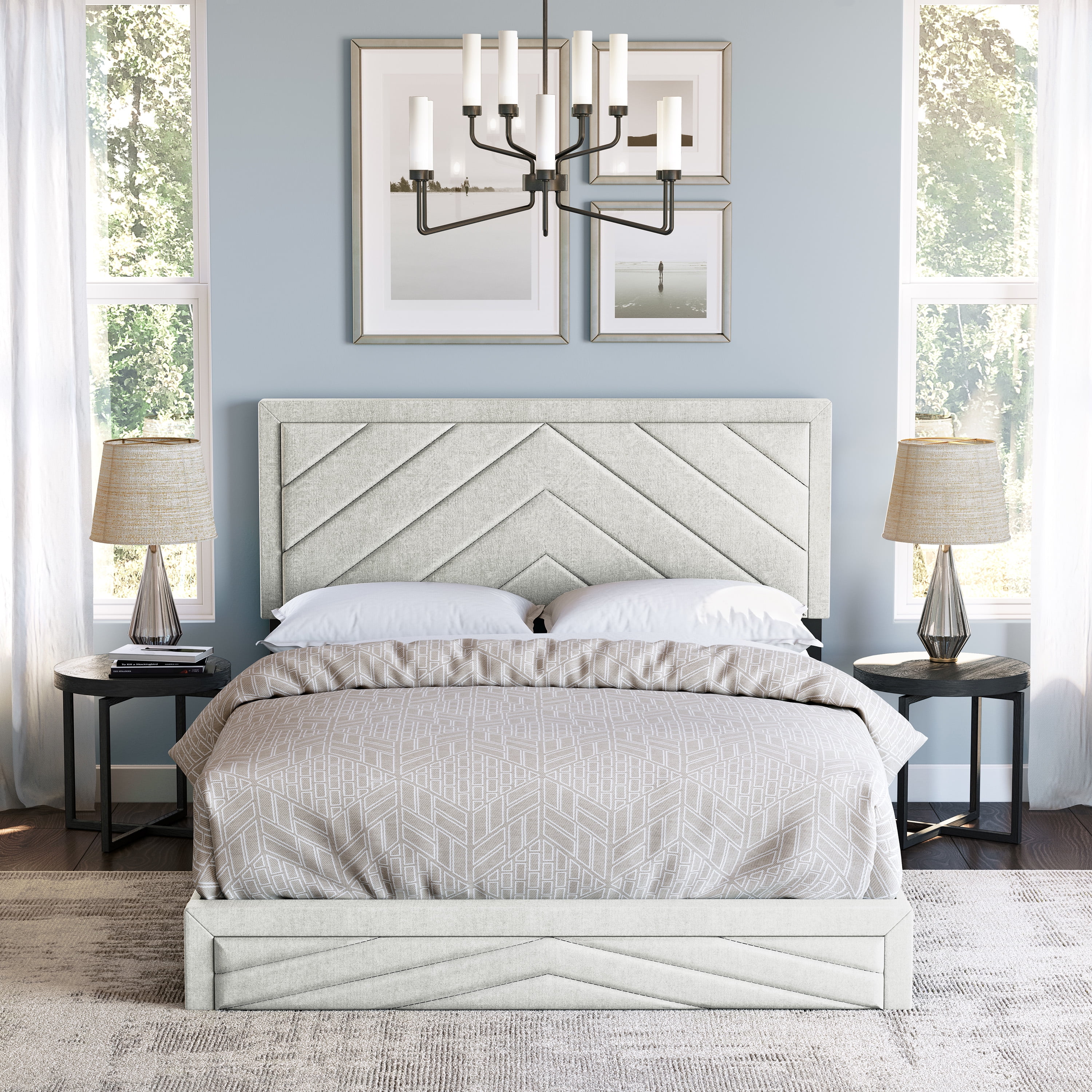 Boyd Sleep Barcelona Off White Linen Full Size Fully Upholstered Platform Bed Frame with Adjustable Headboard