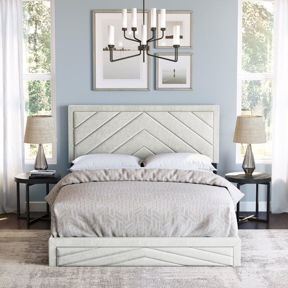 Boyd Sleep Barcelona Off White Linen Full Size Fully Upholstered Platform Bed Frame with Adjustable Headboard