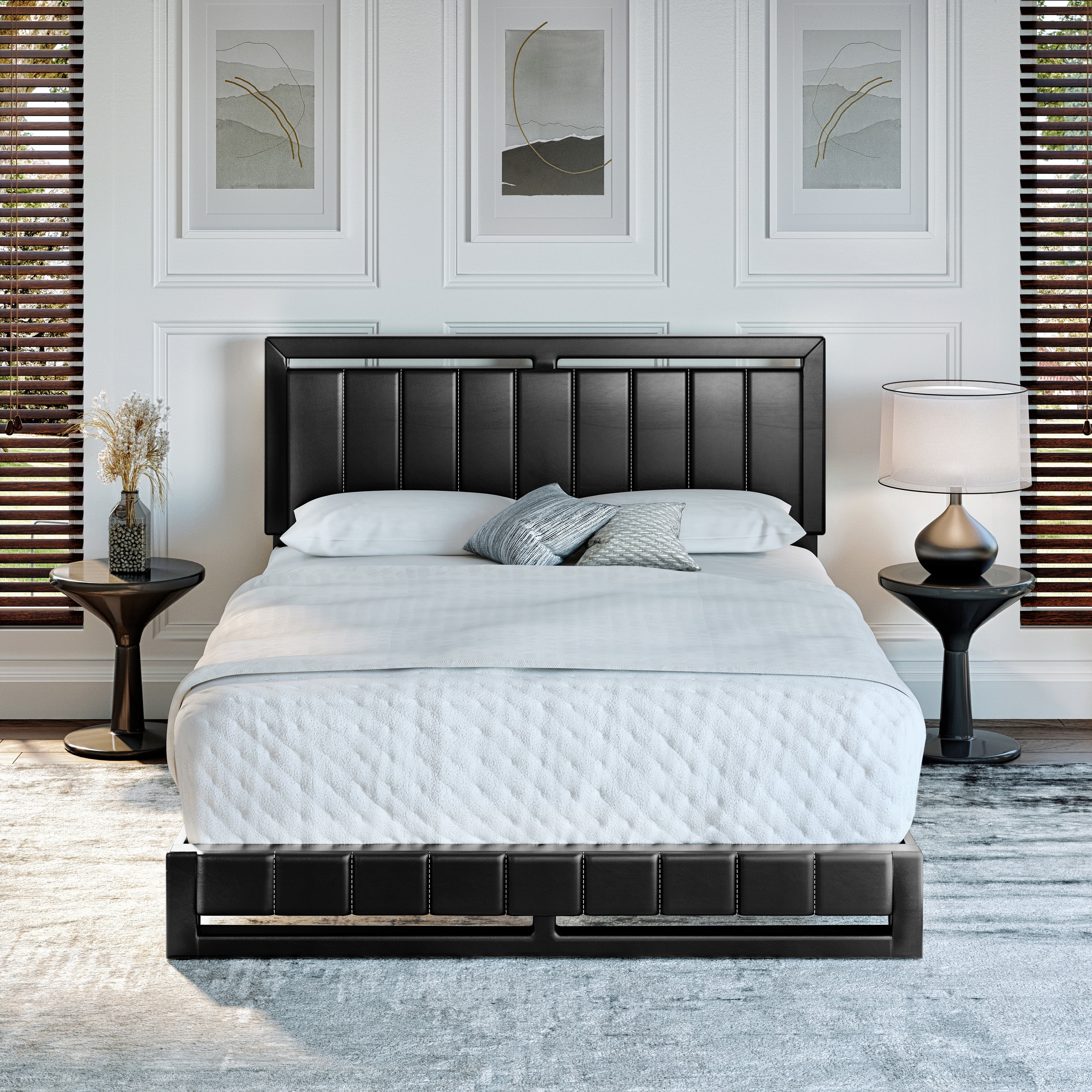 Boyd Sleep Beaumont Black Faux Leather Full Size Fully Upholstered Platform Bed Frame with Adjustable Headboard