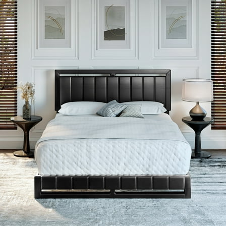Boyd Sleep Beaumont Black Faux Leather Queen Size Fully Upholstered Platform Bed Frame with Adjustable Headboard