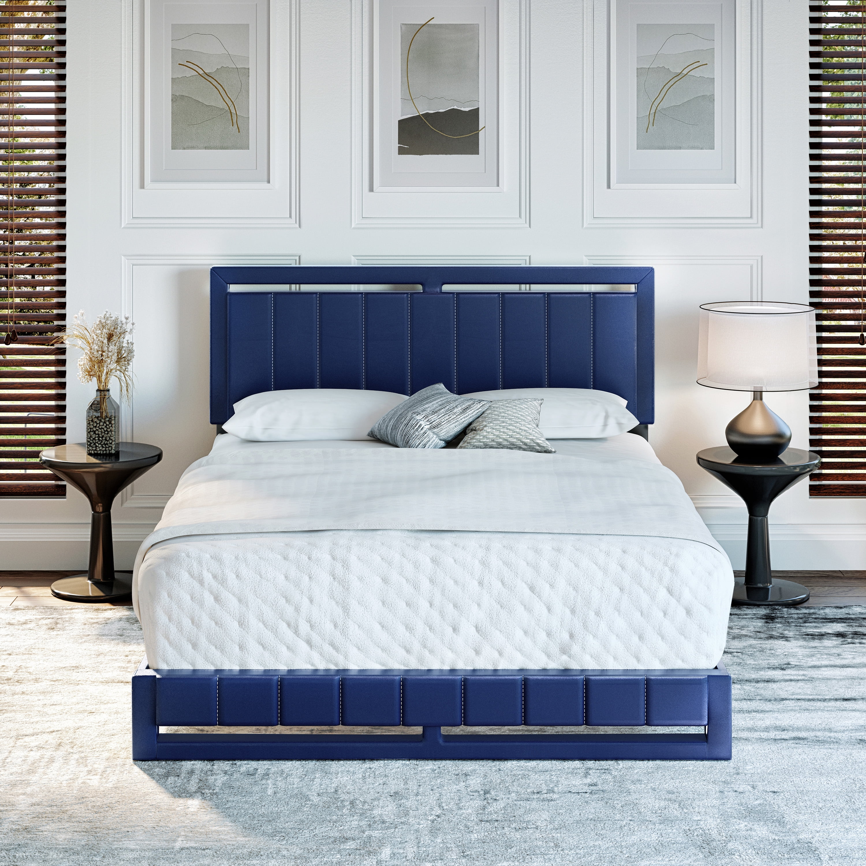 Boyd Sleep Beaumont Blue Faux Leather Full Size Fully Upholstered Platform Bed Frame with Adjustable Headboard