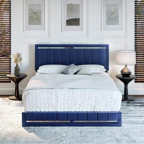 Boyd Sleep Beaumont Blue Faux Leather Queen Size Fully Upholstered Platform Bed Frame with Adjustable Headboard
