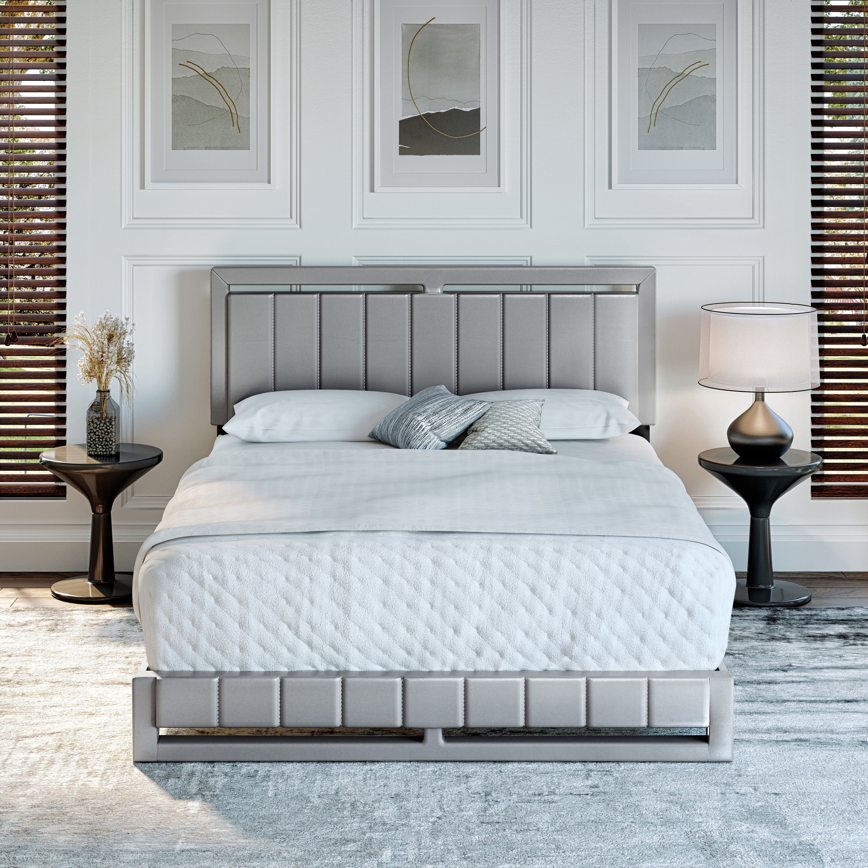 Boyd Sleep Beaumont Gray Faux Leather King Size Fully Upholstered Platform Bed Frame with Adjustable Headboard
