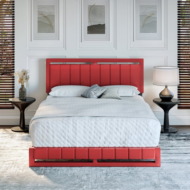 Boyd Sleep Beaumont Red Faux Leather Full Size Fully Upholstered Platform Bed Frame with Adjustable Headboard