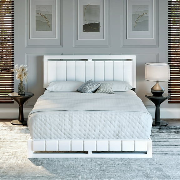 Boyd Sleep Beaumont White Faux Leather Full Size Fully Upholstered Platform Bed Frame with Adjustable Headboard