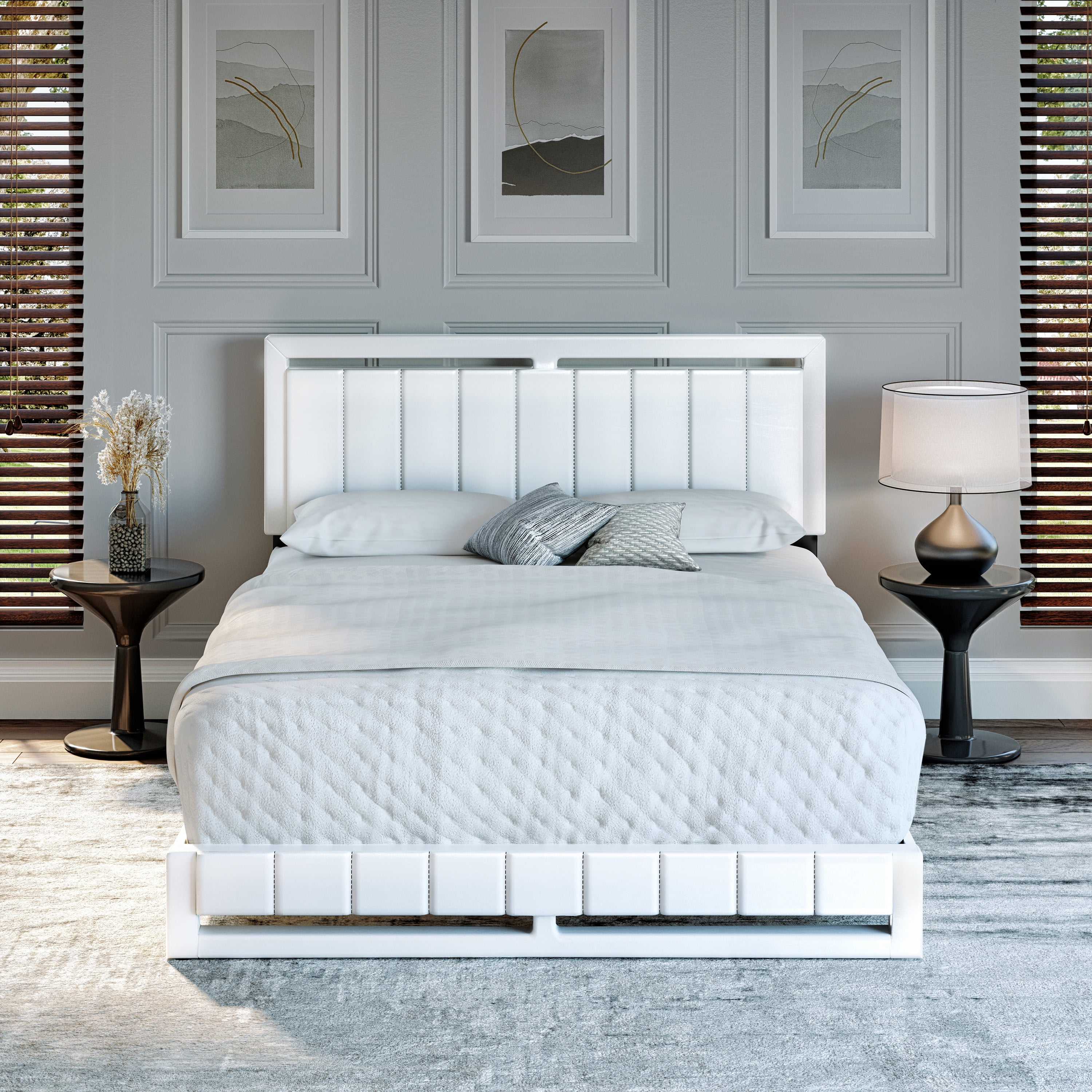 Boyd Sleep Beaumont White Faux Leather Twin Size Fully Upholstered Platform Bed Frame with Adjustable Headboard