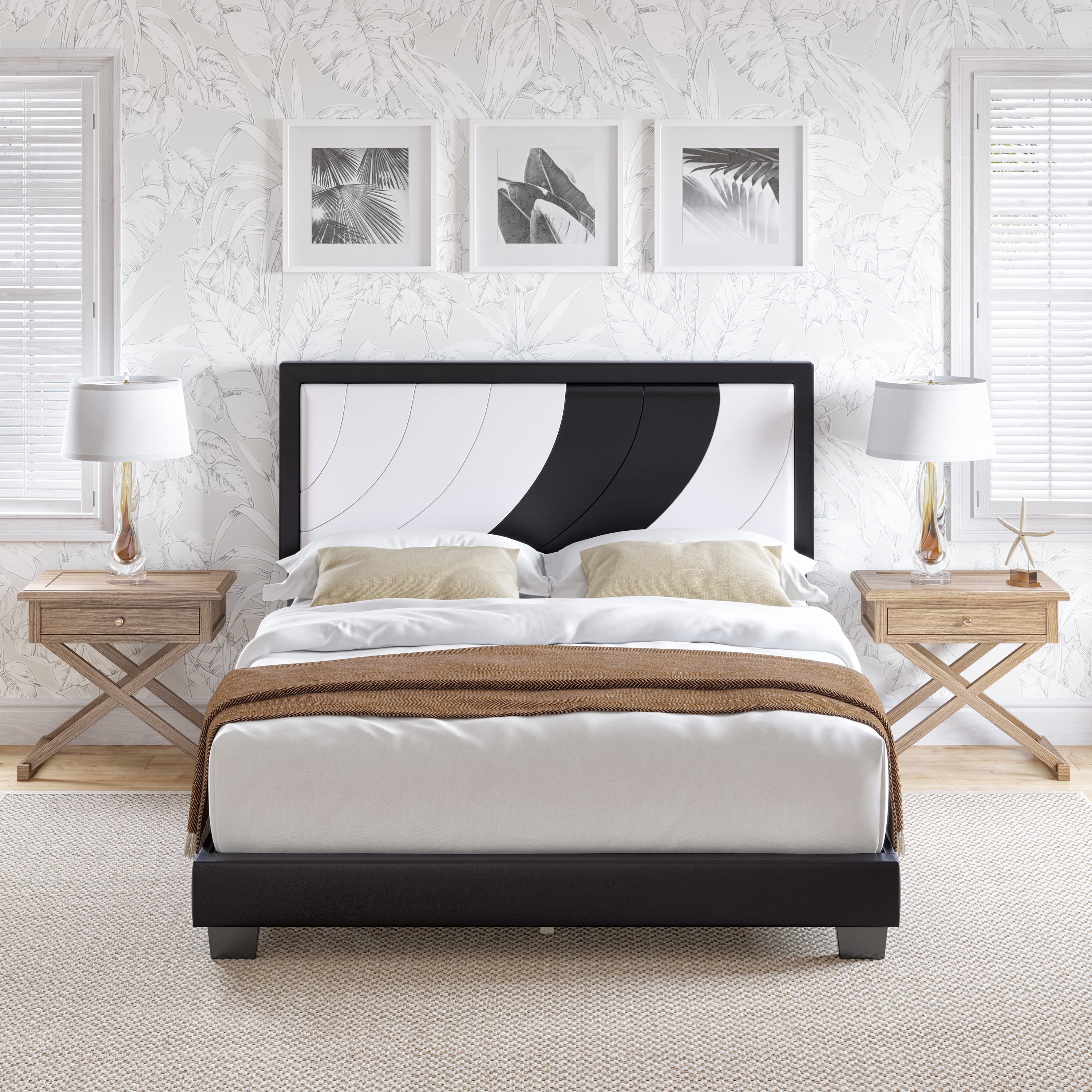 Boyd Sleep Bree White/Black Faux Leather Queen Size Fully Upholstered Platform Bed Frame with Adjustable Headboard