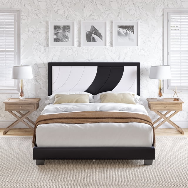 Boyd Sleep Bree White/Black Faux Leather Queen Size Fully Upholstered Platform Bed Frame with Adjustable Headboard