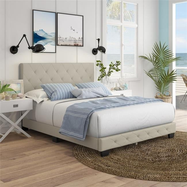 Chloe Gray Linen Upholstered Platform Bed Frame with Tufted Headboard
