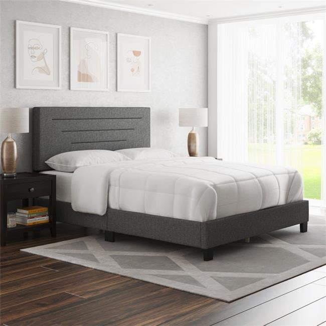 Charcoal Linen Upholstered Full Platform Bed with Headboard