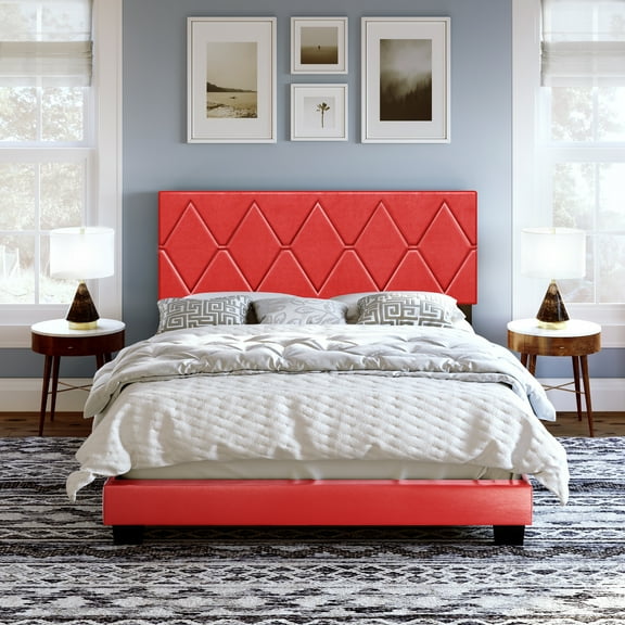 Boyd Sleep Charlat Red Faux Leather Queen Size Fully Upholstered Platform Bed Frame with Adjustable Headboard, Qualified Box Spring or Foundation Required for Use