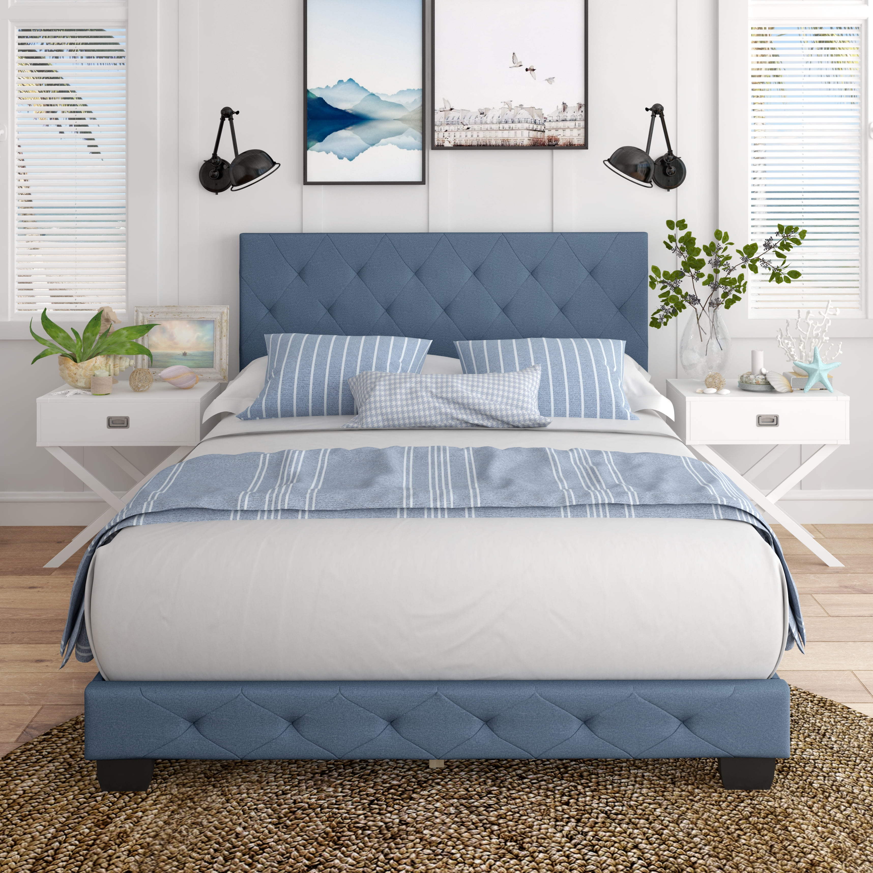 Boyd Sleep Chloe Blue Linen King Size Fully Upholstered Platform Bed Frame with Adjustable Headboard