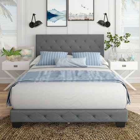Boyd Sleep Chloe Gray Linen King Size Fully Upholstered Platform Bed Frame with Adjustable Headboard