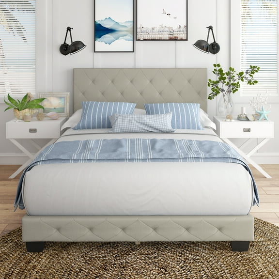 Boyd Sleep Chloe Off White Linen Full Size Fully Upholstered Platform Bed Frame with Adjustable Headboard