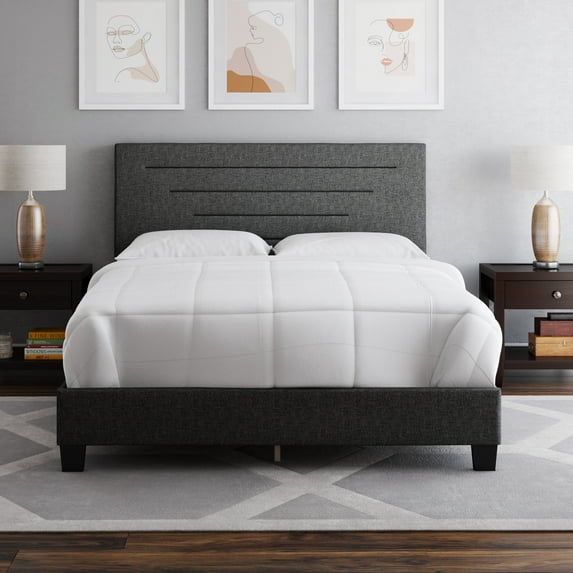 Boyd Sleep Cordoba Black Linen King Size Fully Upholstered Platform Bed Frame with Adjustable Headboard, Qualified Box Spring or Foundation Required for Use