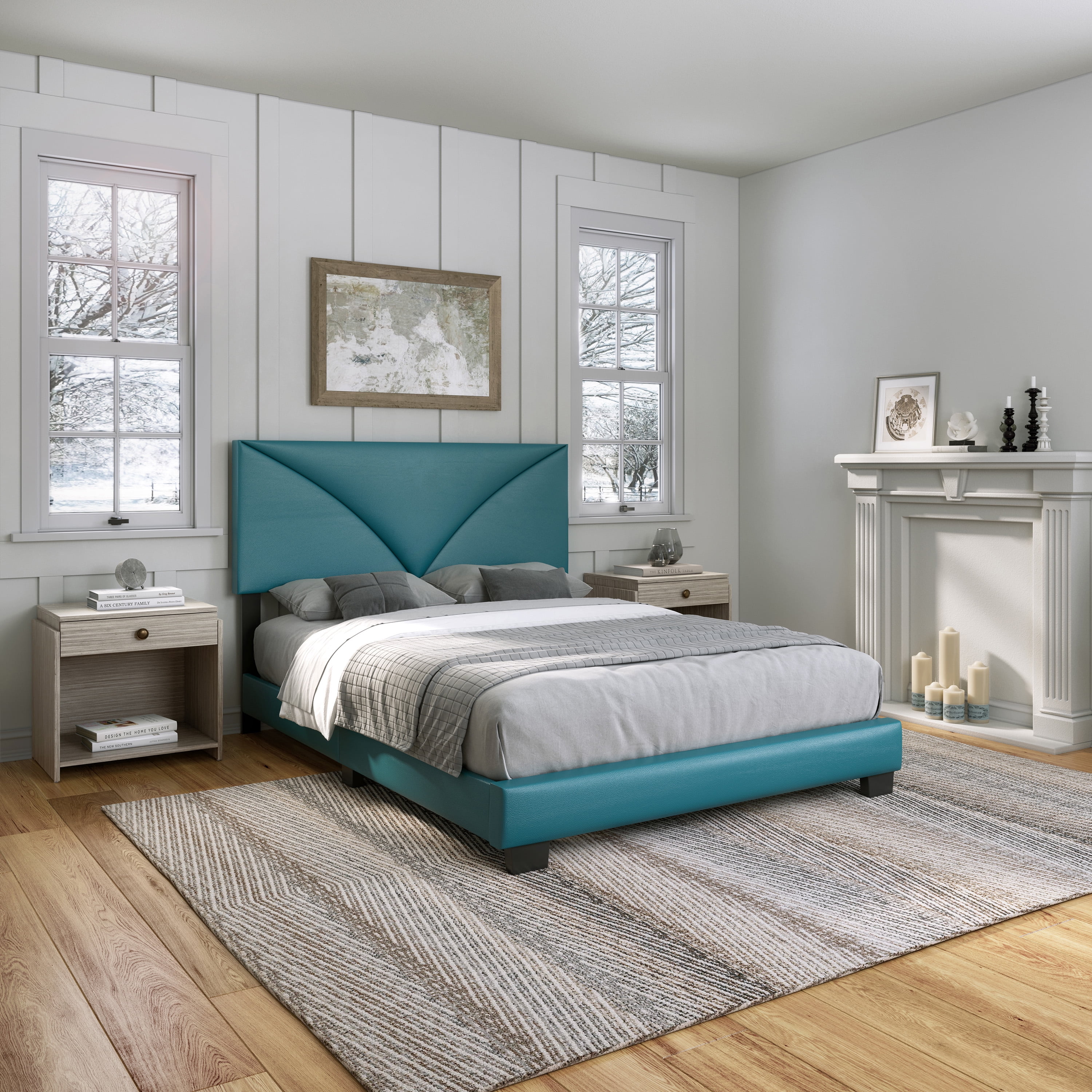Teal Faux Leather Queen Platform Bed with Upholstered Headboard