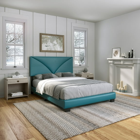 Boyd Sleep Cornerstone Teal Faux Leather Queen Size Upholstered Platform Bed, Qualified Box Spring or Foundation Required for Use