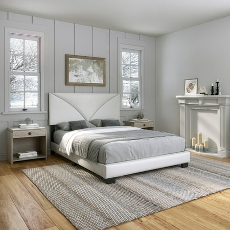 Boyd Sleep Cornerstone White Faux Leather Full Size Upholstered Platform Bed Frame with Adjustable Headboard, Qualified Box Spring or Foundation Required for Use