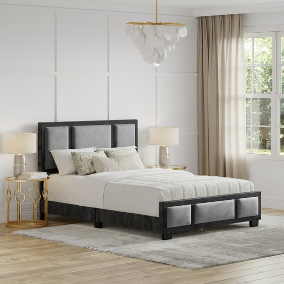 Boyd Sleep Triptych Black/Gray Velvet Queen Size Fully Upholstered Platform Bed Frame with Adjustable Headboard