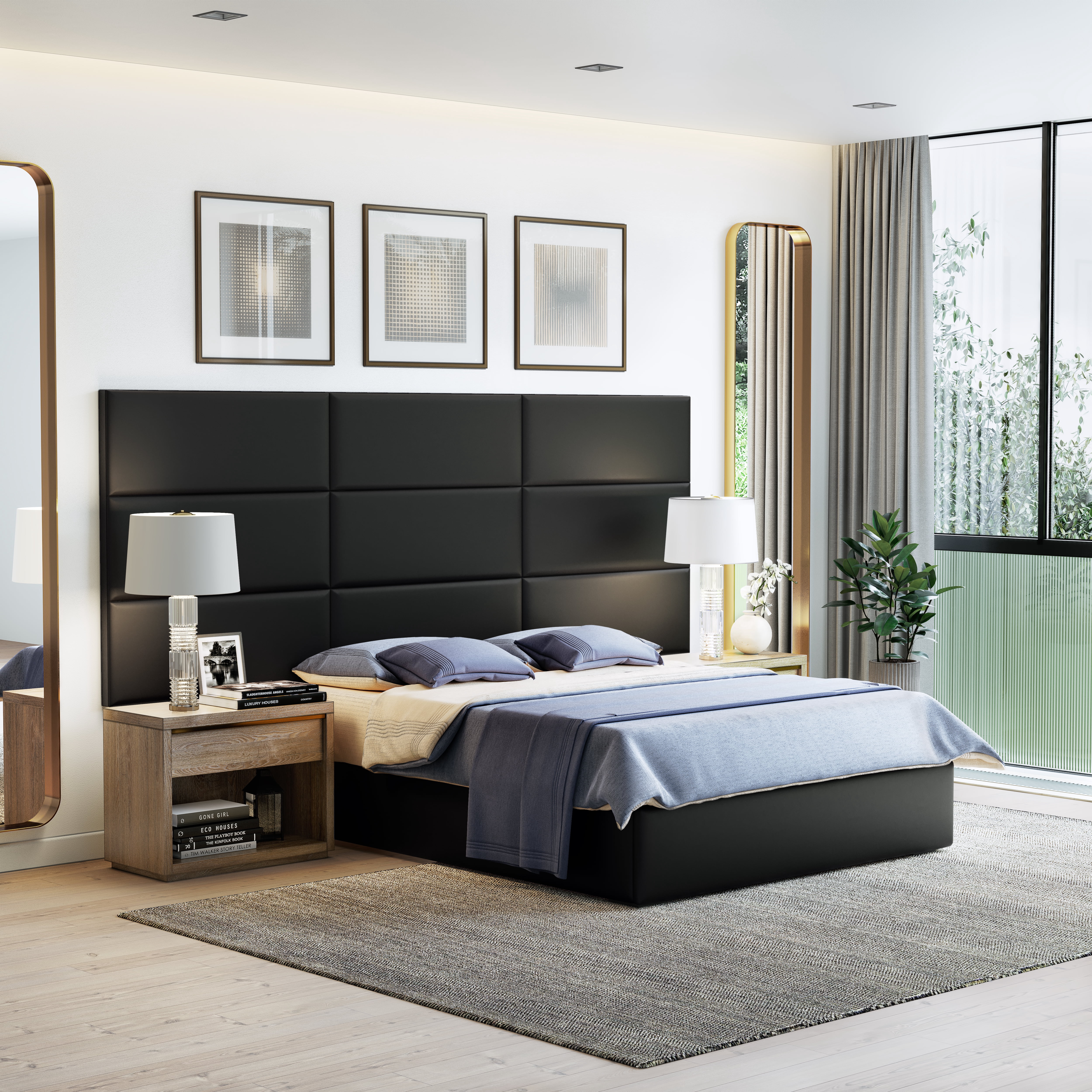 Boyd Sleep Customizable Upholstered Wall Decor Panels, Black Faux Leather, Set of 4