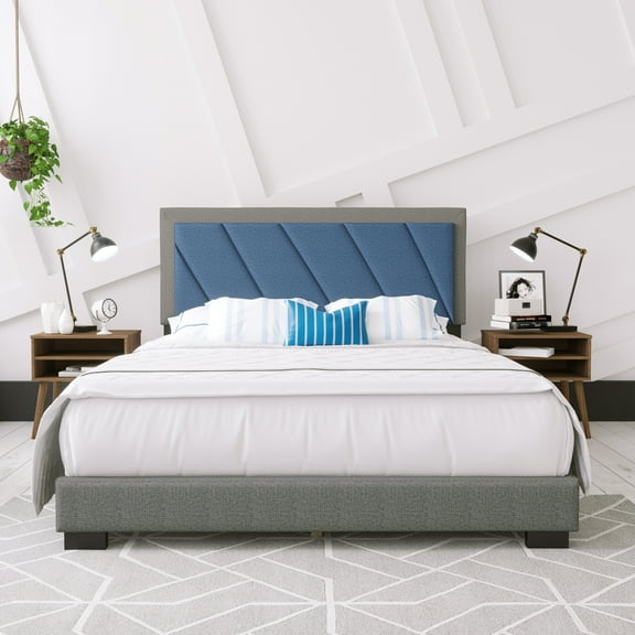 Boyd Sleep Diagonal Blue/Gray Linen King Size Fully Upholstered Platform Bed Frame with Adjustable Headboard, Qualified Box Spring or Foundation Required for Use
