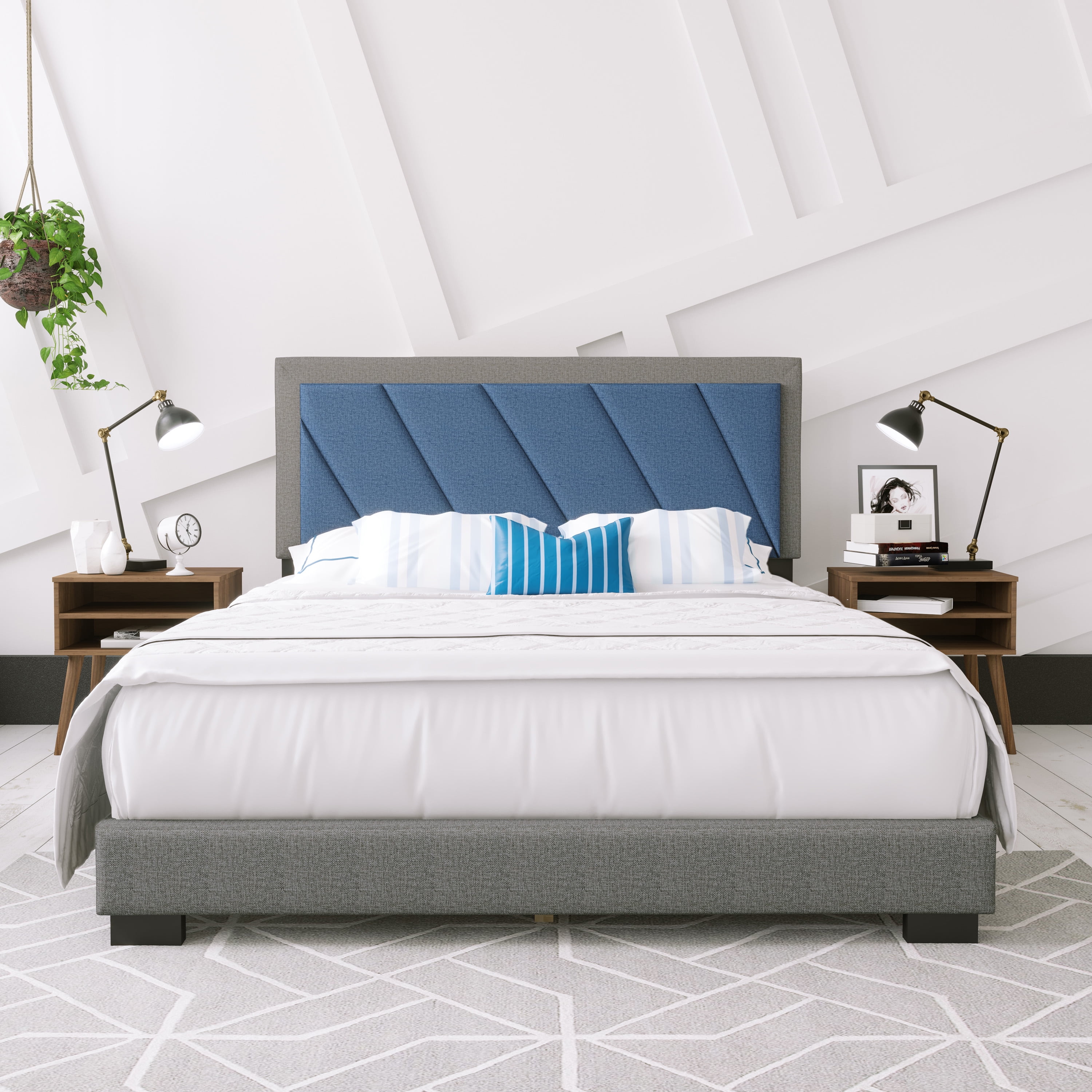 Boyd Sleep Diagonal Blue/Gray Linen Queen Size Fully Upholstered Platform Bed Frame with Adjustable Headboard, Qualified Box Spring or Foundation Required for Use
