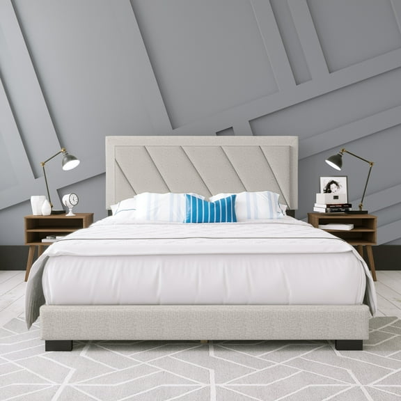 Boyd Sleep Diagonal Off White Linen Queen Size Fully Upholstered Platform Bed Frame with Adjustable Headboard, Qualified Box Spring or Foundation Required for Use