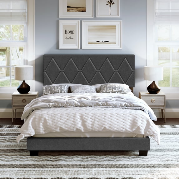 Boyd Sleep Diamond Black Linen King Size Fully Upholstered Platform Bed Frame with Adjustable Headboard, Qualified Box Spring or Foundation Required for Use