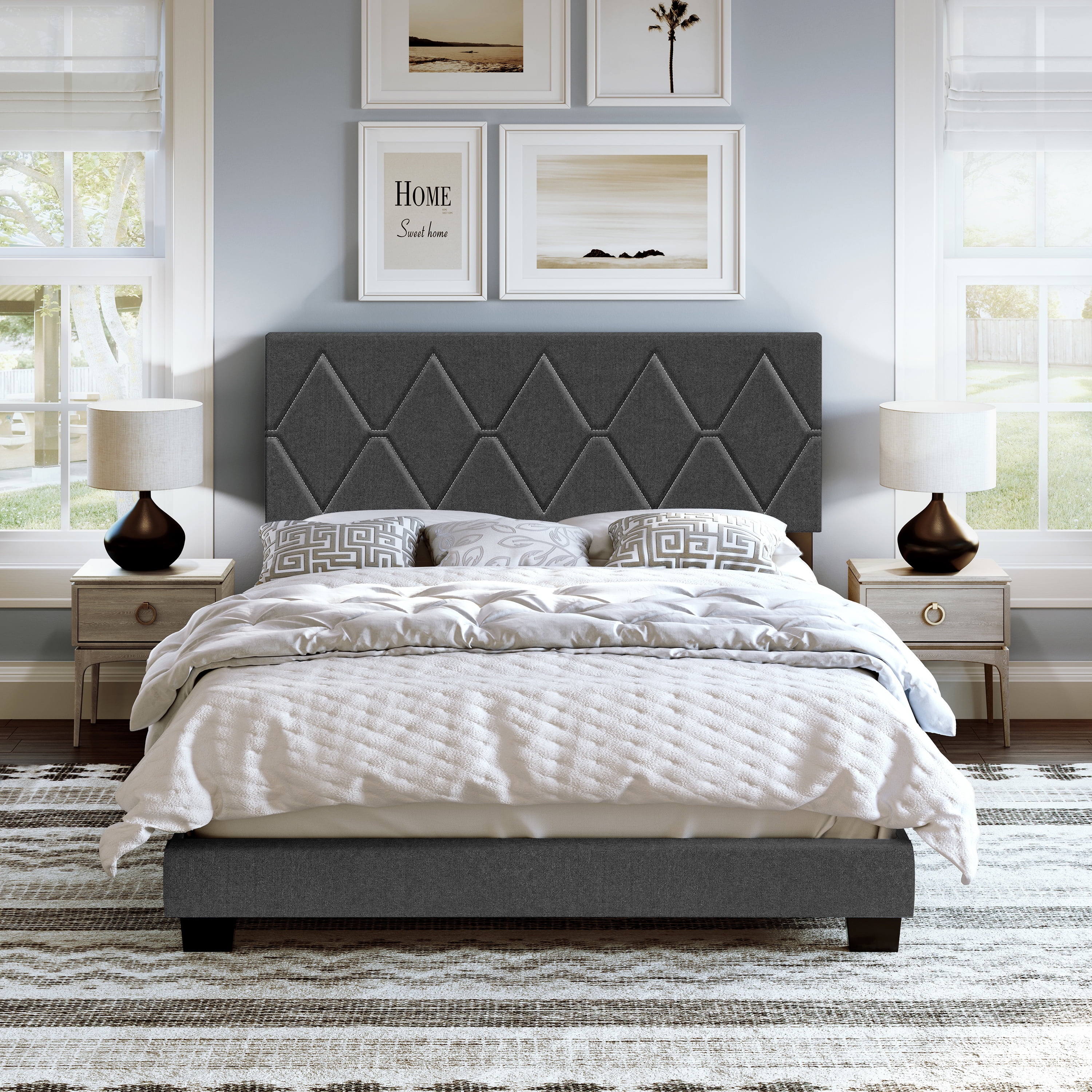Boyd Sleep Diamond Black Linen Twin Size Fully Upholstered Platform Bed Frame with Adjustable Headboard, Qualified Box Spring or Foundation Required for Use