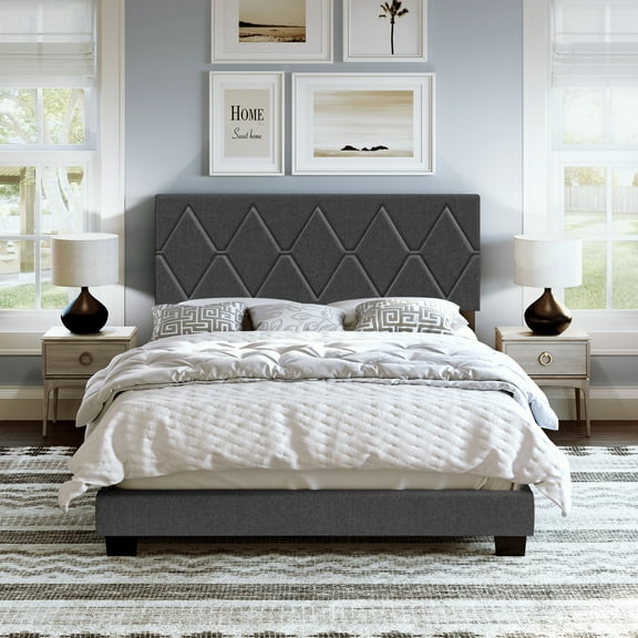 Boyd Sleep Diamond Black Linen Twin Size Fully Upholstered Platform Bed Frame with Adjustable Headboard, Qualified Box Spring or Foundation Required for Use
