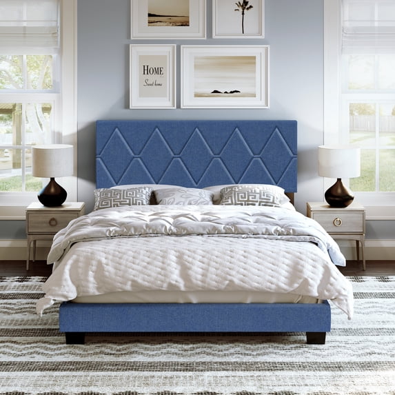 Boyd Sleep Diamond Blue Linen King Size Fully Upholstered Platform Bed Frame with Adjustable Headboard, Qualified Box Spring or Foundation Required for Use