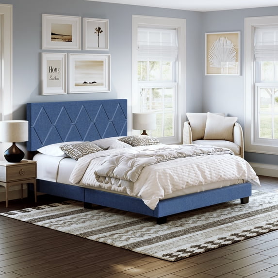 Boyd Sleep Diamond Blue Linen Queen Size Fully Upholstered Platform Bed Frame with Adjustable Headboard, Qualified Box Spring or Foundation Required for Use