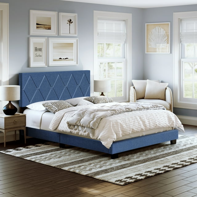 Boyd Sleep Diamond Blue Linen Twin Size Fully Upholstered Platform Bed Frame with Adjustable Headboard, Qualified Box Spring or Foundation Required for Use