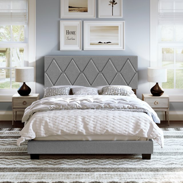 Boyd Sleep Diamond Gray Linen King Size Fully Upholstered Platform Bed Frame with Adjustable Headboard, Qualified Box Spring or Foundation Required for Use