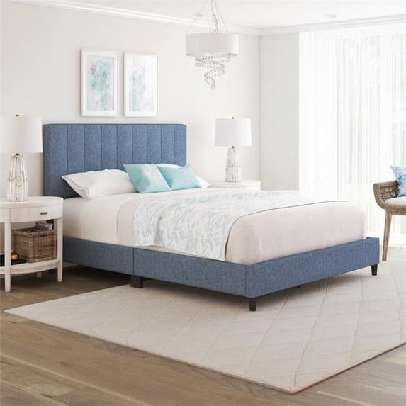 Skyline Decor Linen Panel Upholstered Platform Bed Frame, Blue, Full