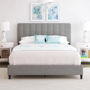Boyd Sleep Leah Gray Linen King Size Fully Upholstered Platform Bed Frame with Adjustable Headboard