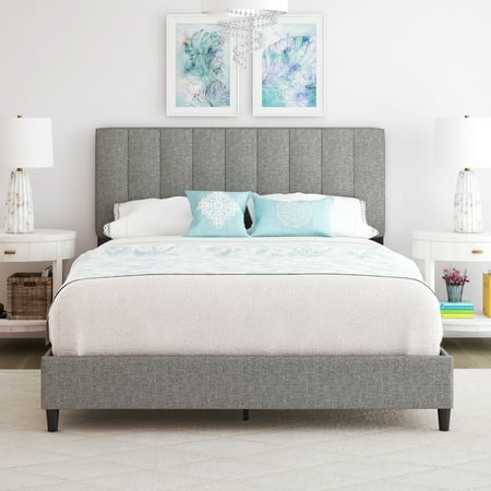 Boyd Sleep Leah Gray Linen King Size Fully Upholstered Platform Bed Frame with Adjustable Headboard