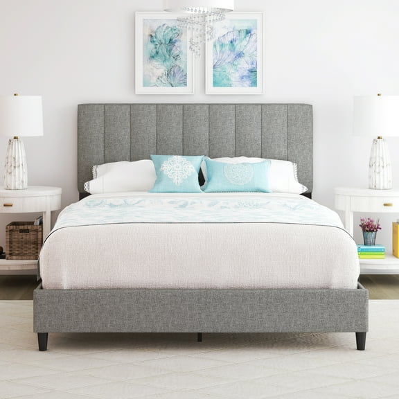 Boyd Sleep Leah Gray Linen Queen Size Fully Upholstered Platform Bed Frame with Adjustable Headboard