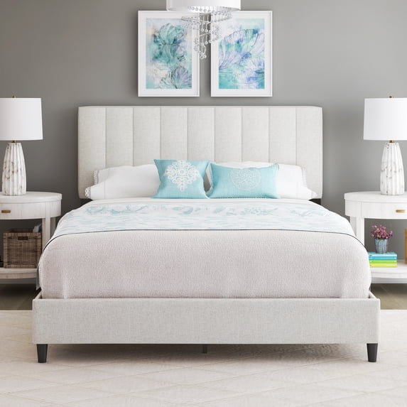 Boyd Sleep Leah Off White Linen King Size Fully Upholstered Platform Bed Frame with Adjustable Headboard