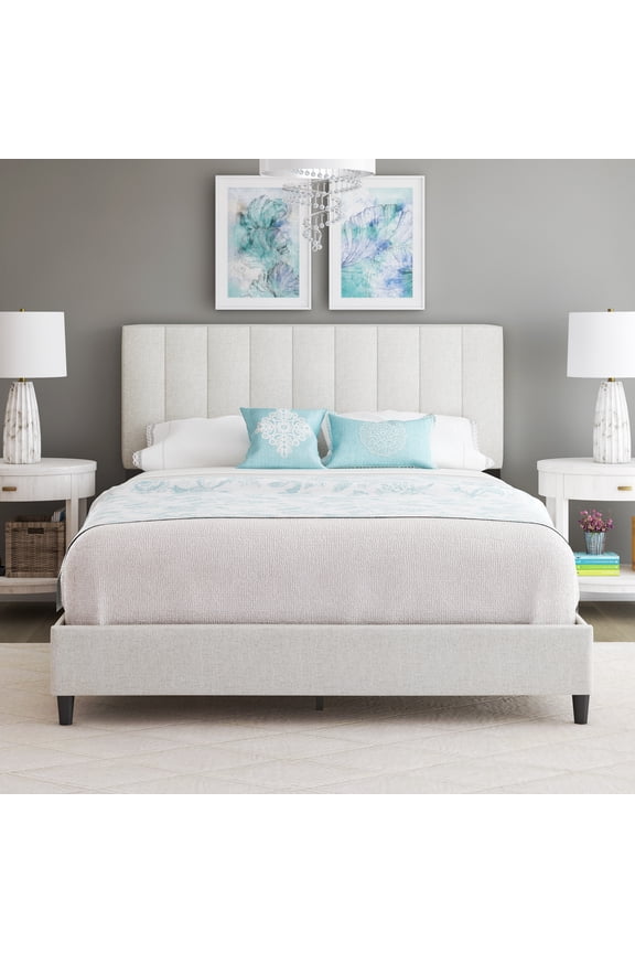 Leah Off White Linen King Size Fully Upholstered Platform Bed Frame with Adjustable Headboard