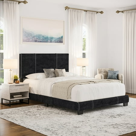 Boyd Sleep Lucena Black Velvet Queen Size Upholstered Platform Bed Frame with Adjustable Headboard, Qualified Box Spring or Foundation Required for Use