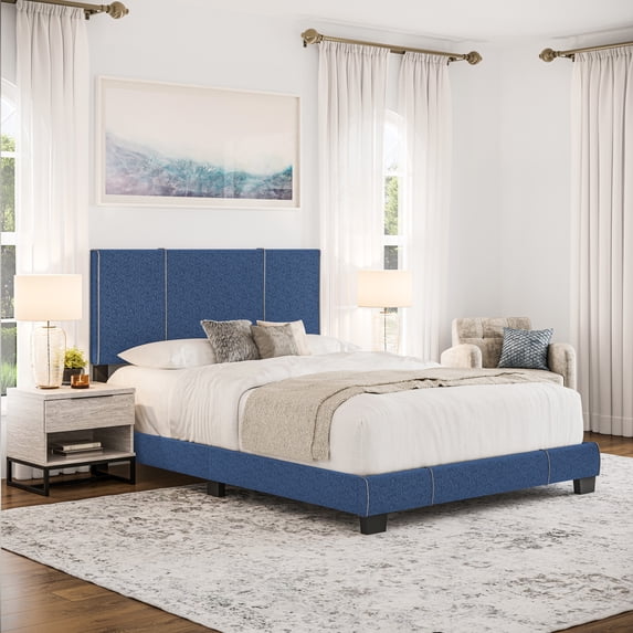 Boyd Sleep Lucena Blue Linen Full Size Upholstered Platform Bed Frame with Adjustable Headboard, Qualified Box Spring or Foundation Required for Use